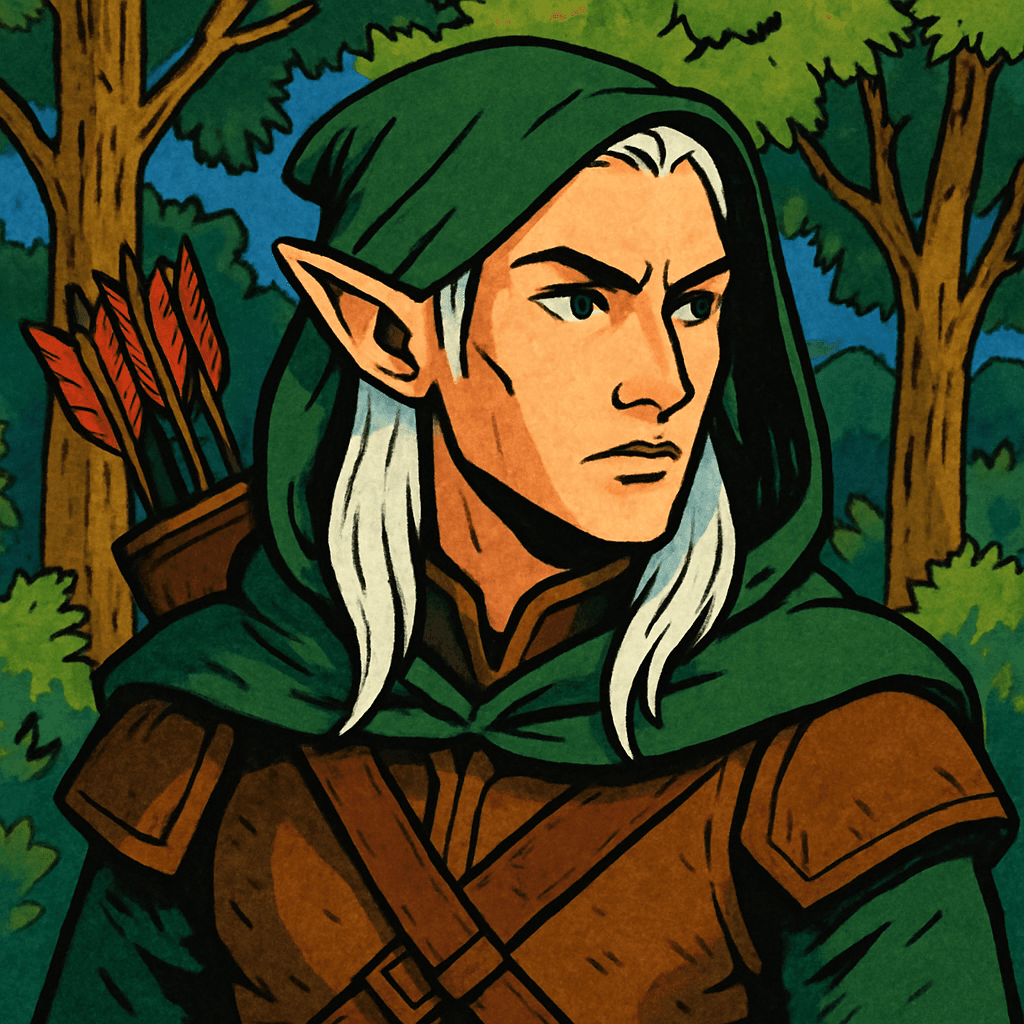 Illustrated portrait of a hooded elf ranger, campaign party member